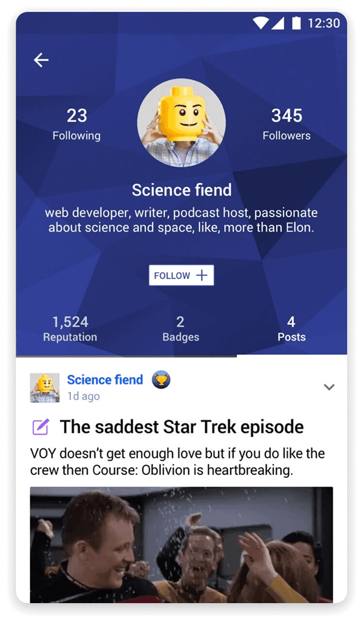 News Fusion user profile screen showing reputation, badges, and posts