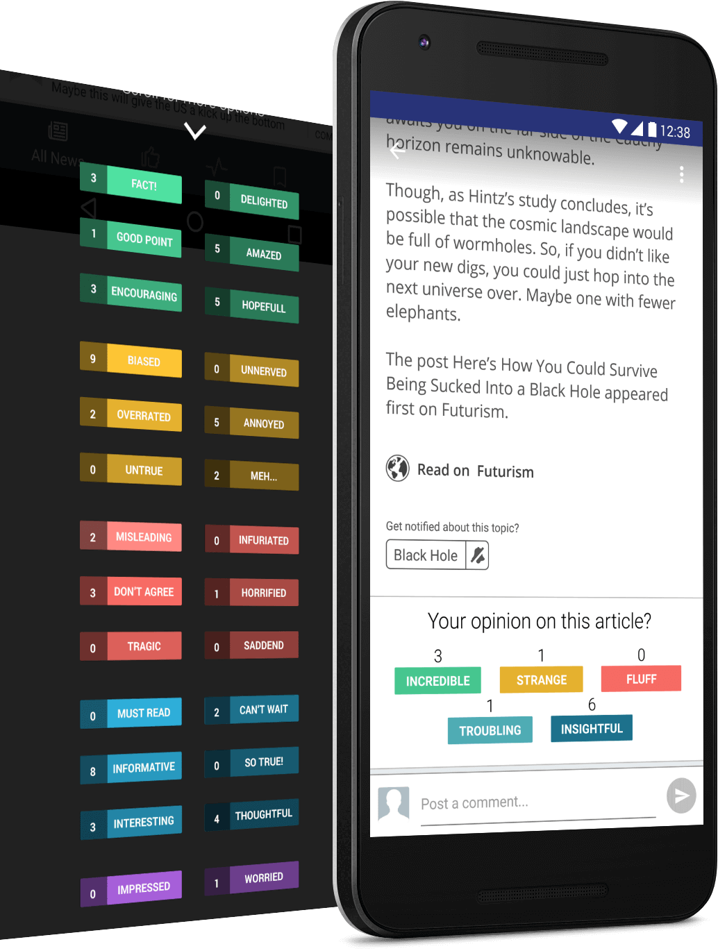 News Fusion reactions system showing colorful reaction tags and article feedback options