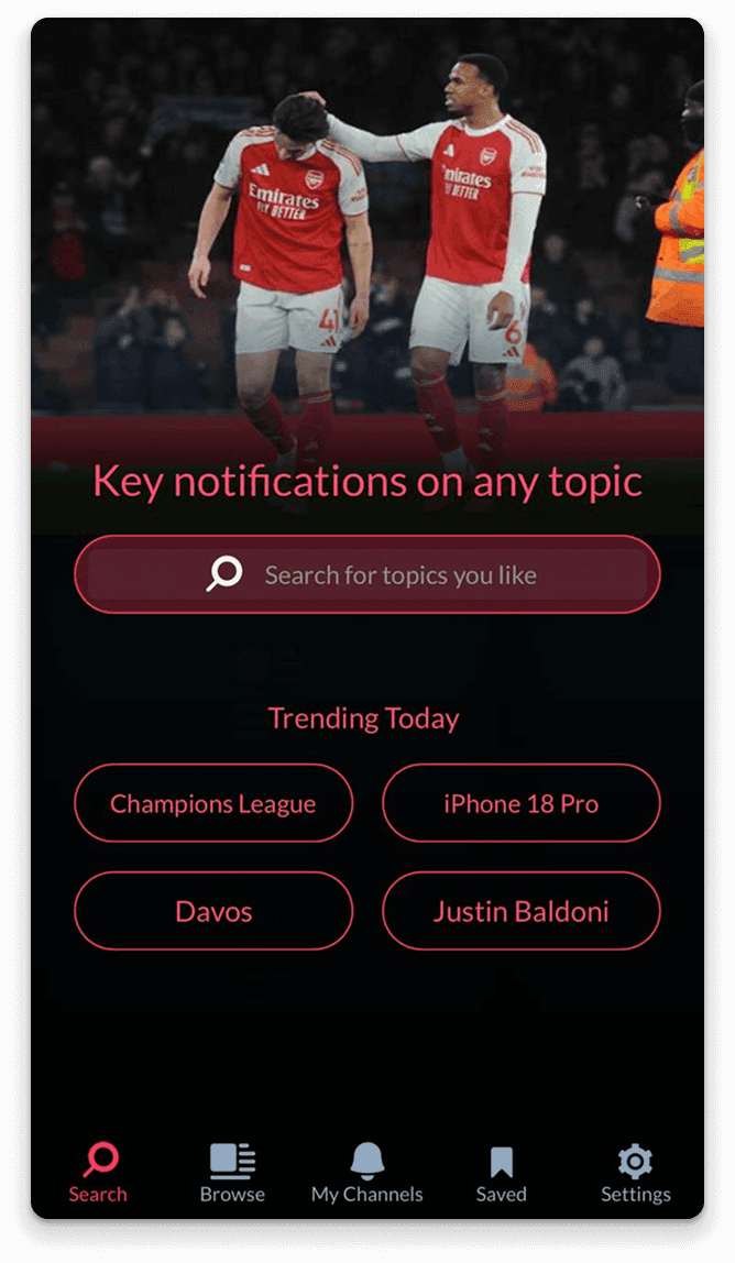 Push app home screen showing trending topics