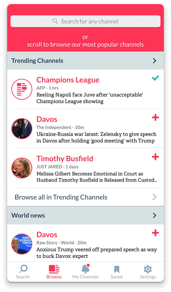 Push app browse screen showing channel categories