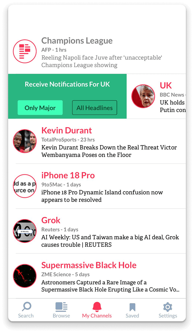 Push app notifications settings screen