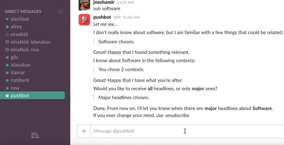 Pushbot Slack integration demonstration showing topic subscription conversation